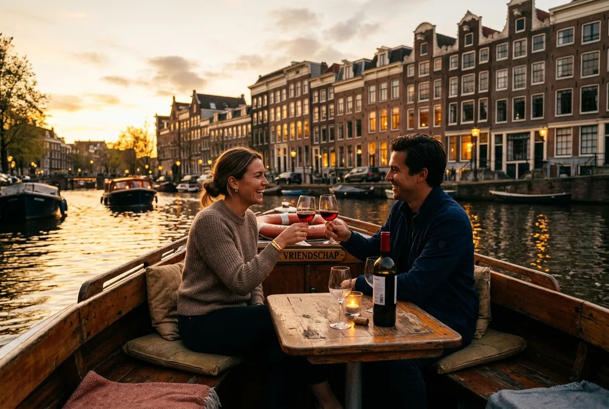 Couple sharing wine on a small intimate canal cruise boat at sunset with amsterdam canal houses behind them