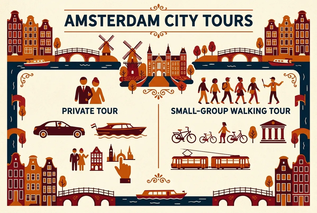 Infographic met een vergelijking tussen een private tour amsterdam en een kleine-groep wandeltour qua prijs en groepsgrootte