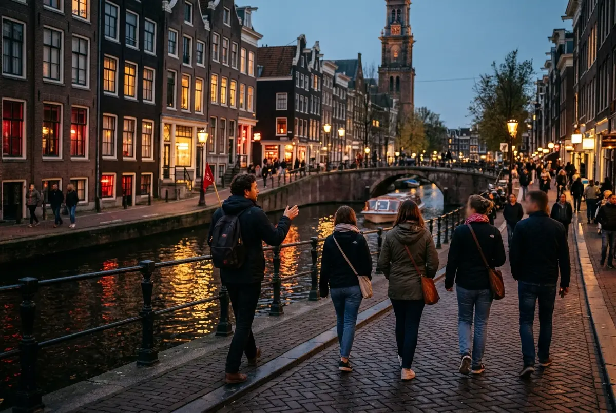 Guide leading a small group past narrow canal houses on an amsterdam red light district tour in de wallen at dusk