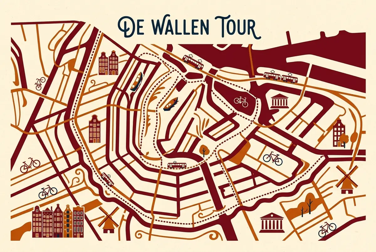 Map style infographic showing a de wallen amsterdam red light district tour route with distance labels between the main canals and quieter side streets