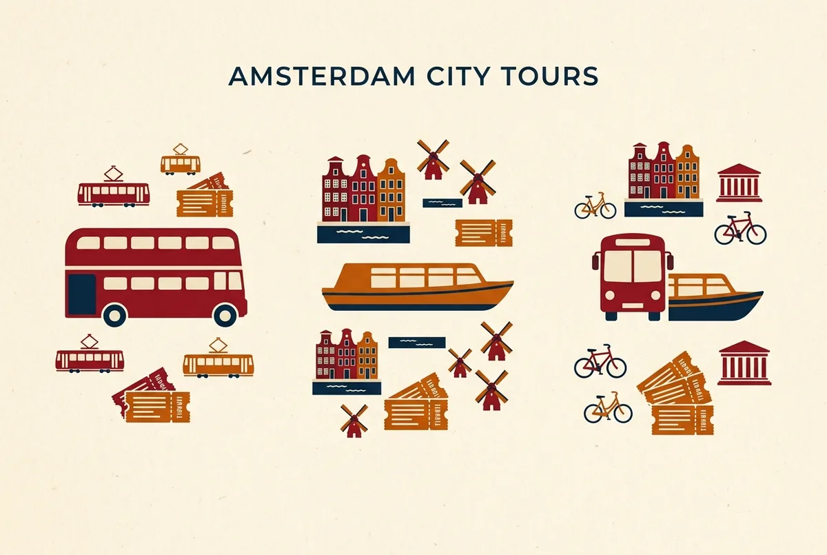 Infografik zur amsterdam stadtrundfahrt mit drei Symbolen fuer Bus, Boot und Kombiticket nebeneinander sowie generischen Ticket-Icons