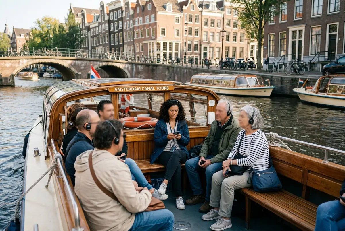 Grupo de viajeros escuchando con auriculares de audioguia a bordo de un barco turistico en un tour amsterdam español por el canal