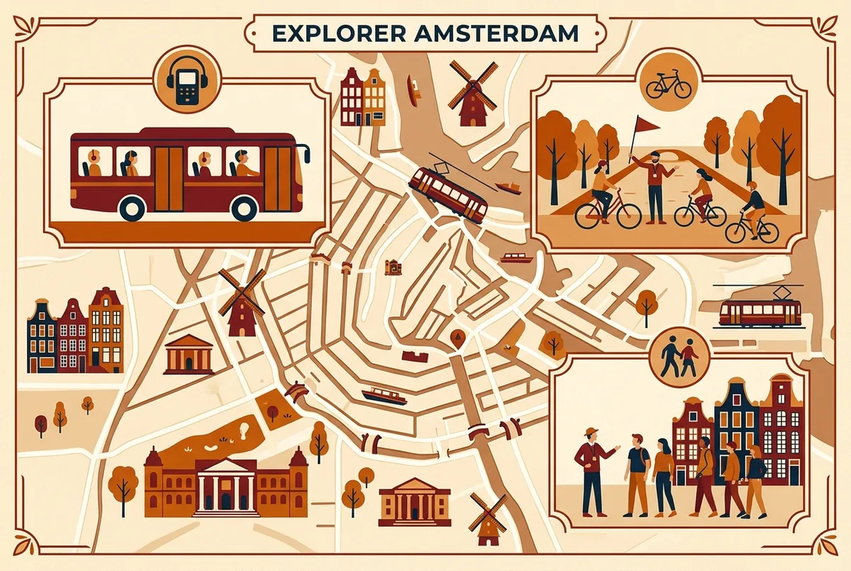 infographie de style carte comparant trois façons de visiter amsterdam en français : bus avec audioguide, vélo guidé en français et marche guidée en français, avec icônes génériques