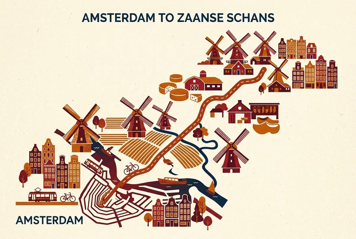 Map style infographic showing the route from amsterdam to zaanse schans with windmill, cheese farm and clog workshop icons