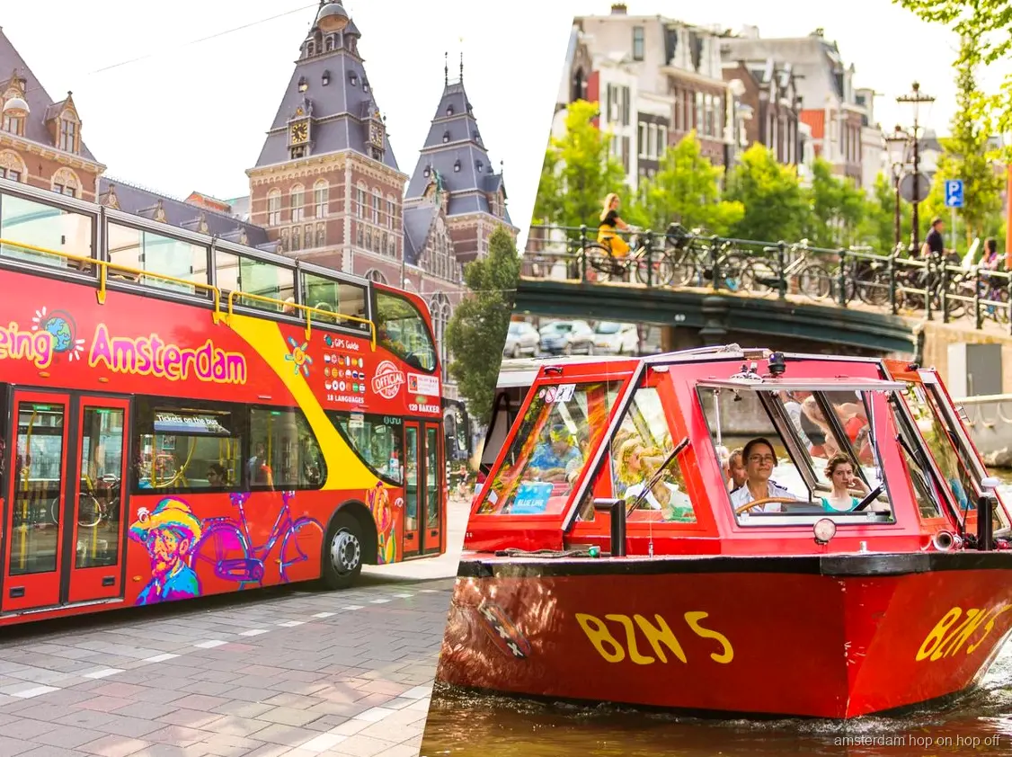 Bus touristique Amsterdam hop-on hop-off à impériale décapotable et bateau à un arrêt en ville